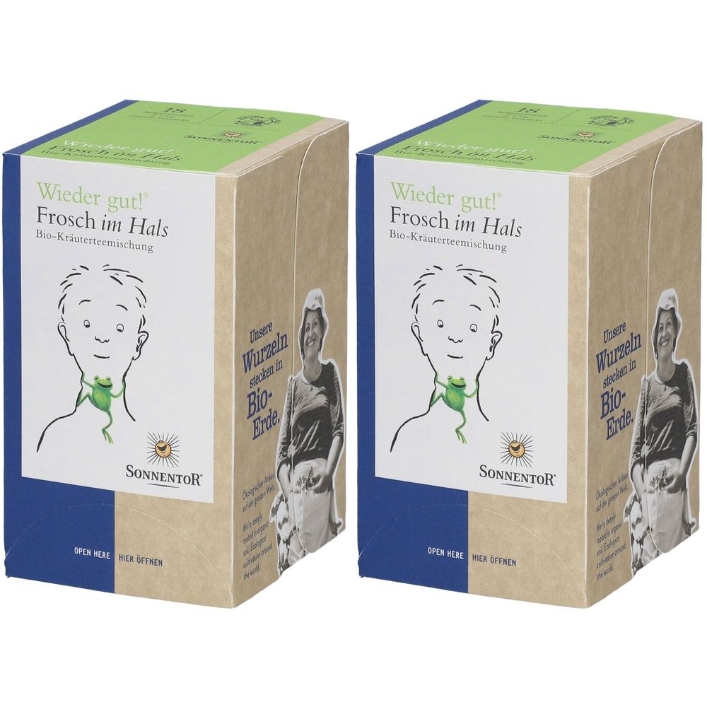 Zwei Kartons mit "Wieder gut! Frosch im Hals". Aufdruck: Zeichnung eines Halses mit Frosch, Marke SONNENTOR. Bio-Kräutermischung.