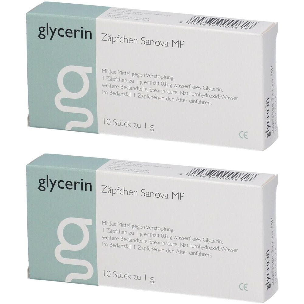 Zwei weiße Schachteln mit der Aufschrift "glycerin Zäpfchen Sanova MP". Text in Deutsch. 10 Stück pro Schachtel.