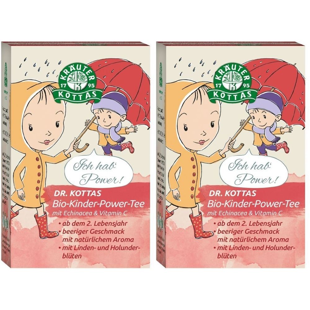 Zwei Kartons DR. KOTTAS Bio-Kinder-Power-Tee. Aufdruck: Kind mit Regenschirm. Text: Ich hab Power! Mit Echinacea & Vitamin C.