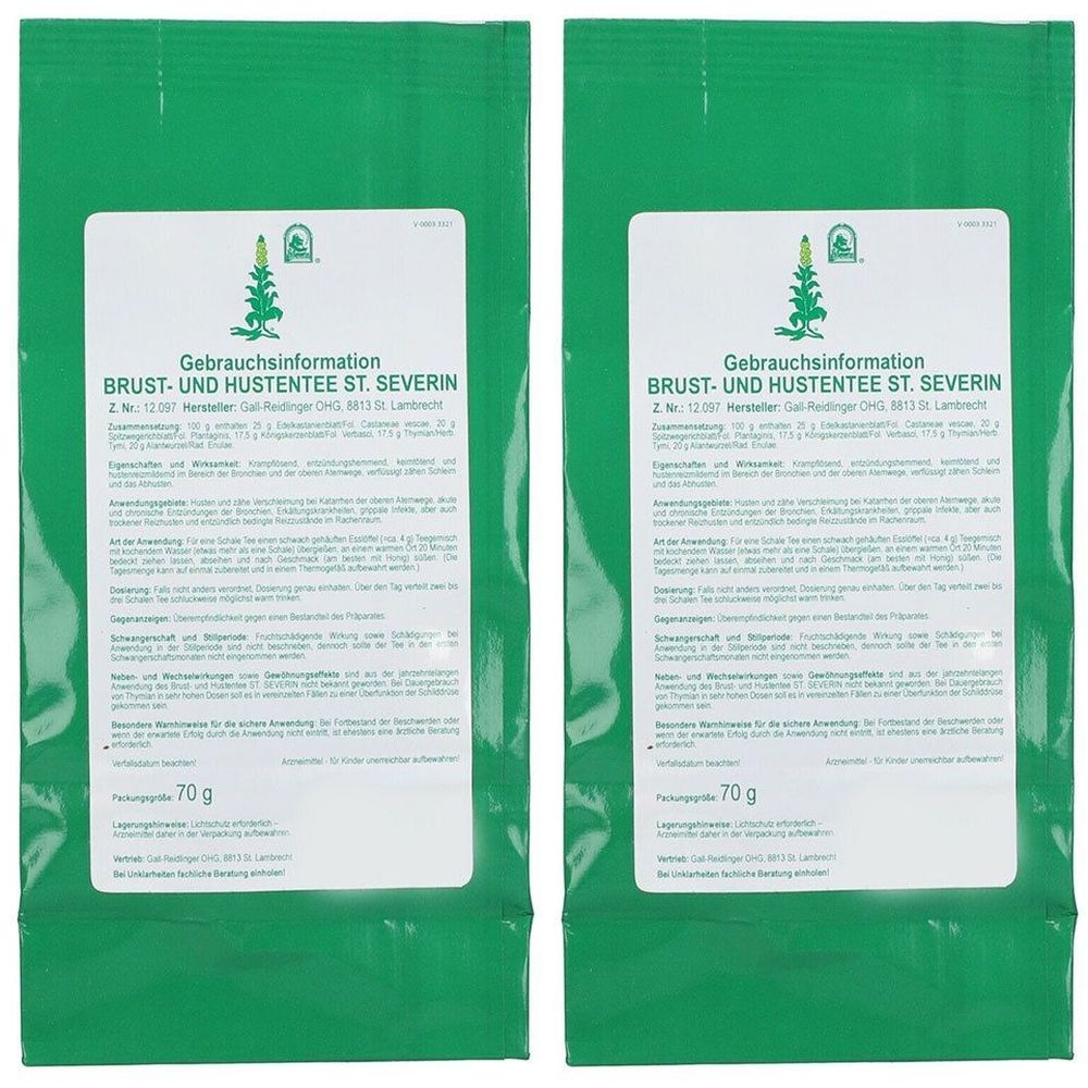Zwei grüne Beutel mit weißem Etikett. Aufschrift: Brust- und Hustentee St. Severin. Textinformationen und Logo. Inhalt: 70 g.