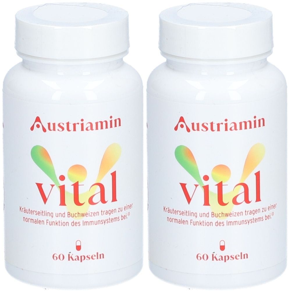 Zwei weiße Flaschen mit roter und grüner Aufschrift. Aufschrift: Austriamin vital, 60 Kapseln. Text: Kräuterseitling und Buchweizen tragen zu einer normalen Funktion des Immunsystems bei.