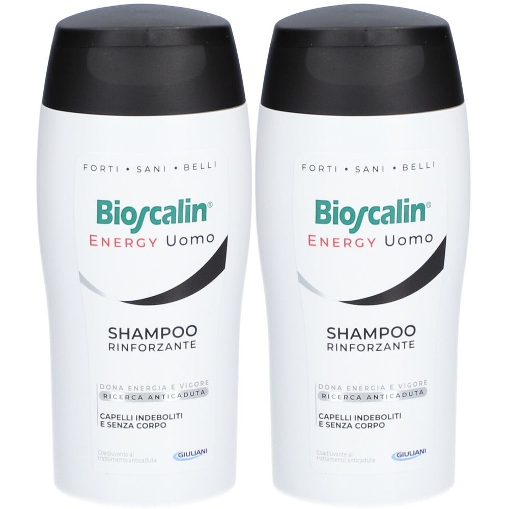 Zwei weiße Shampoo-Flaschen mit schwarzem Deckel. Aufschrift: Bioscalin ENERGY Uomo, Shampoo Rinforzante. Für geschwächtes Haar.
