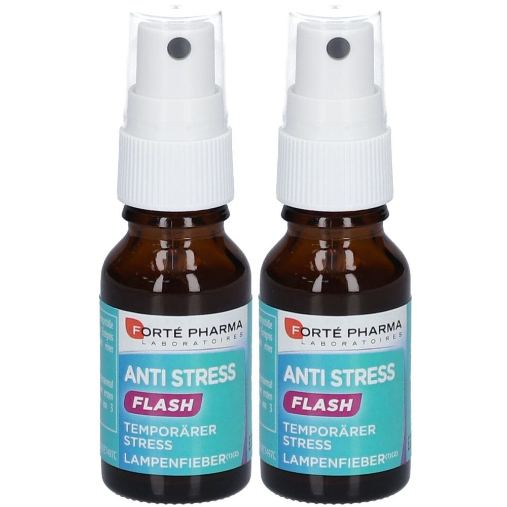 Zwei braune Sprühflaschen mit weißem Sprühkopf. Auf dem Etikett steht "ANTI STRESS FLASH" und "FORTE PHARMA".