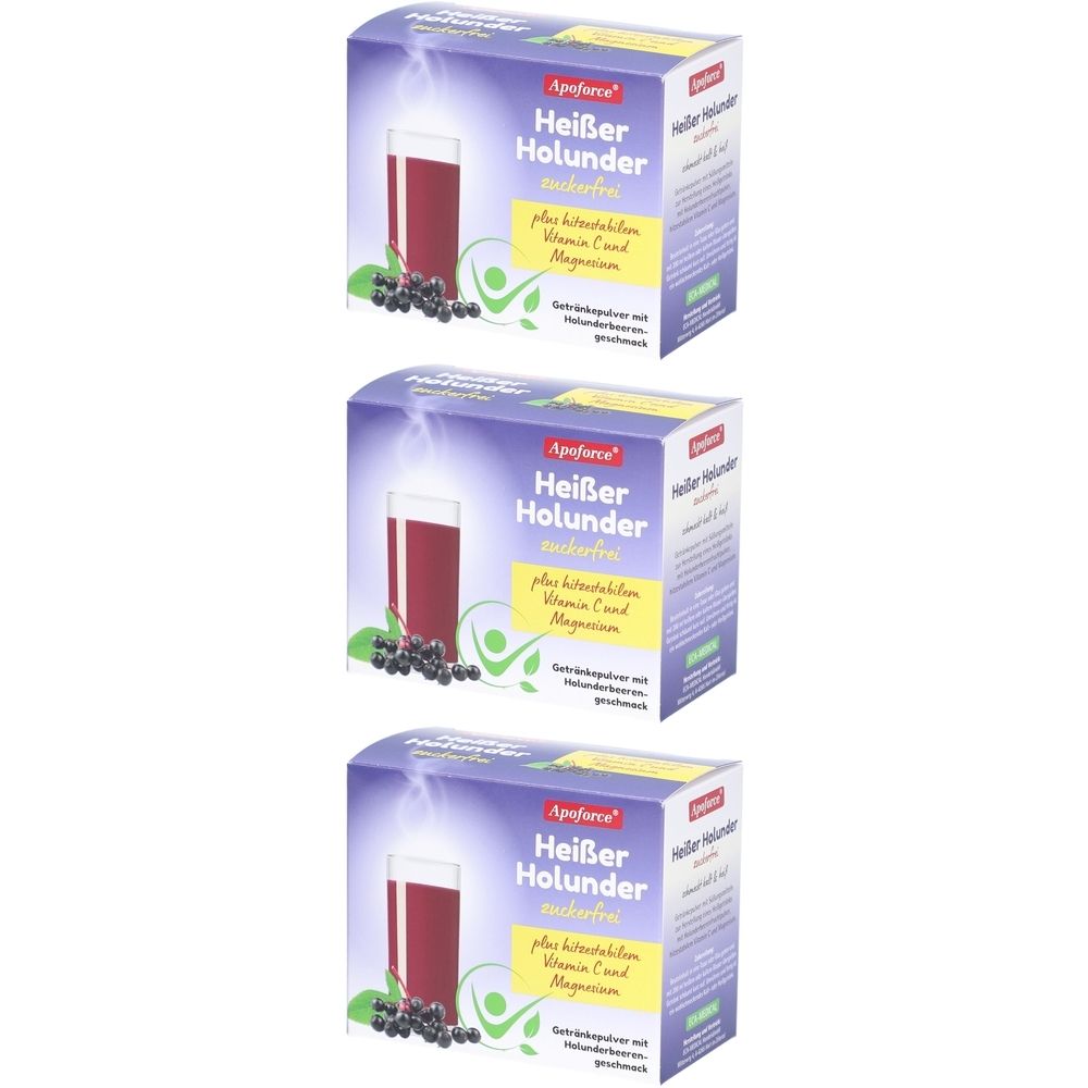 Drei Packungen Apoforce® Heißer Holunder zuckerfrei. Auf jeder Packung: Glas mit Getränk, Holunderbeeren, Schriftzug, Vitamin C und Magnesium.