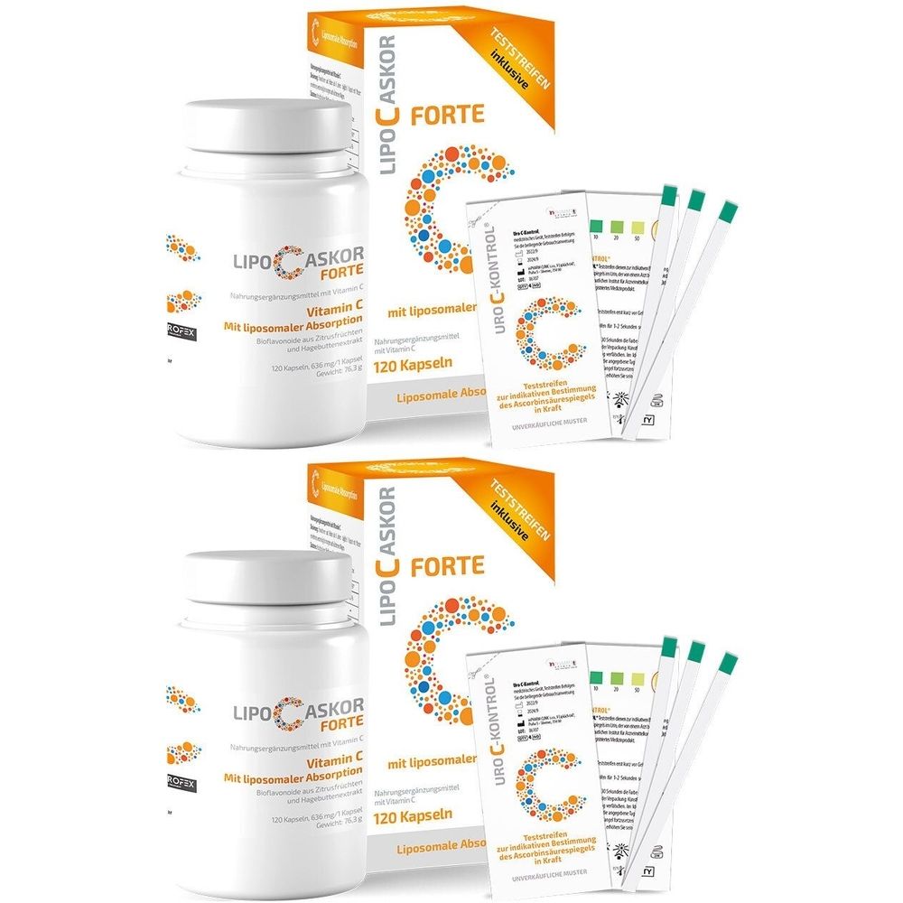 Zwei weiße Flaschen und zwei Schachteln mit der Aufschrift LIPO-C-ASKOR FORTE. Dazu Teststreifen.