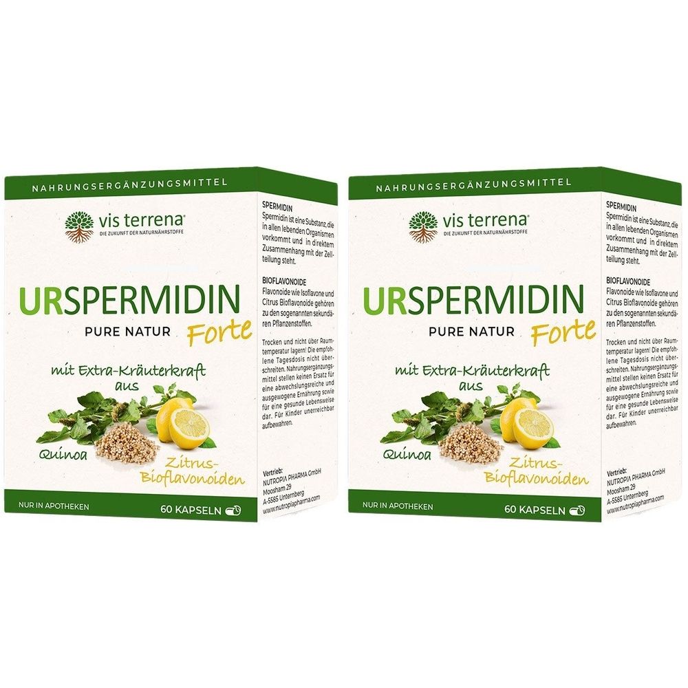 Zwei Kartons vis terrena® URSPERMIDIN FORTE. Grün-weiß Verpackung mit Produktnamen, Logo und Inhaltsstoffen. 60 Kapseln.