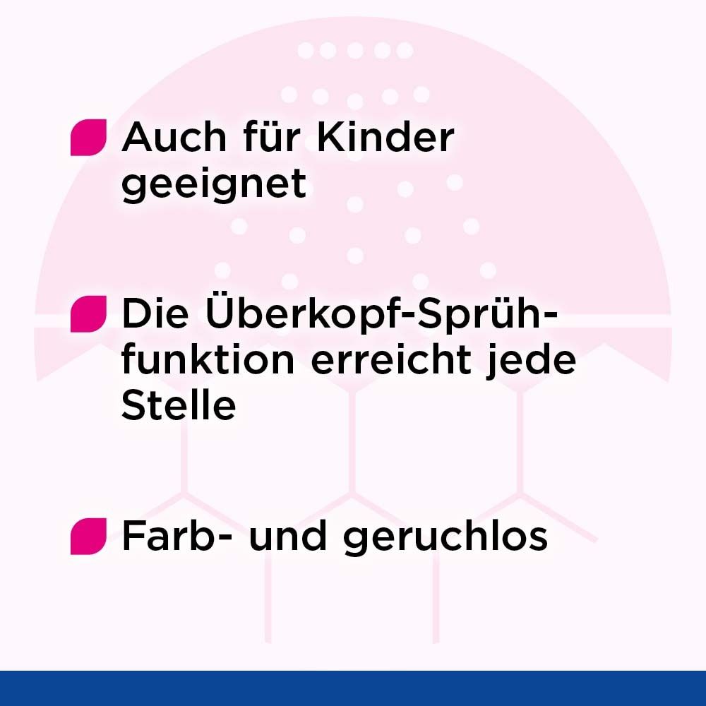 Infografik: Auch für Kinder geeignet. Überkopf-Sprühfunktion. Farb- und geruchlos.