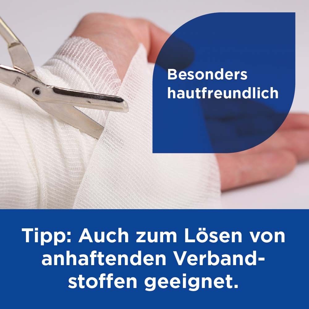 Hand mit Verband und Schere. Text: Besonders hautfreundlich. Tipp: Zum Lösen von Verbänden geeignet.