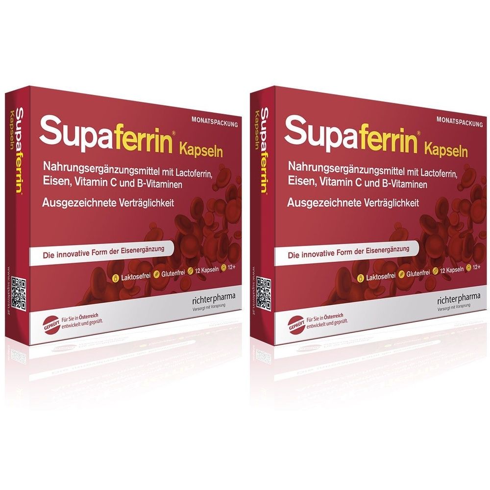 Zwei rote Schachteln mit "Supaferrin Kapseln"-Aufdruck. Enthält Nahrungsergänzungsmittel mit Lactoferrin, Eisen, Vitamin C und B-Vitaminen.