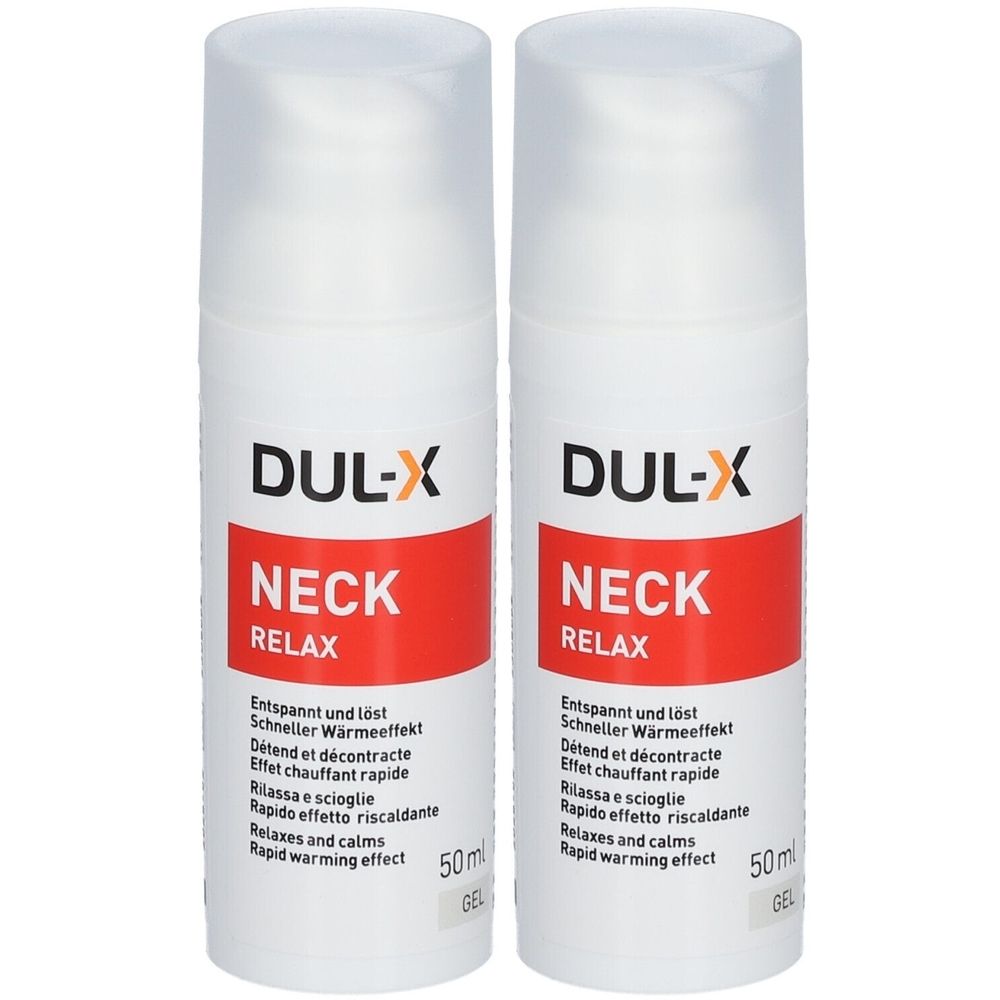 Zwei weiße Flaschen mit rotem Etikett. Aufschrift: DUL-X NECK RELAX. Enthält 50ml Gel. Mit transparentem Deckel.