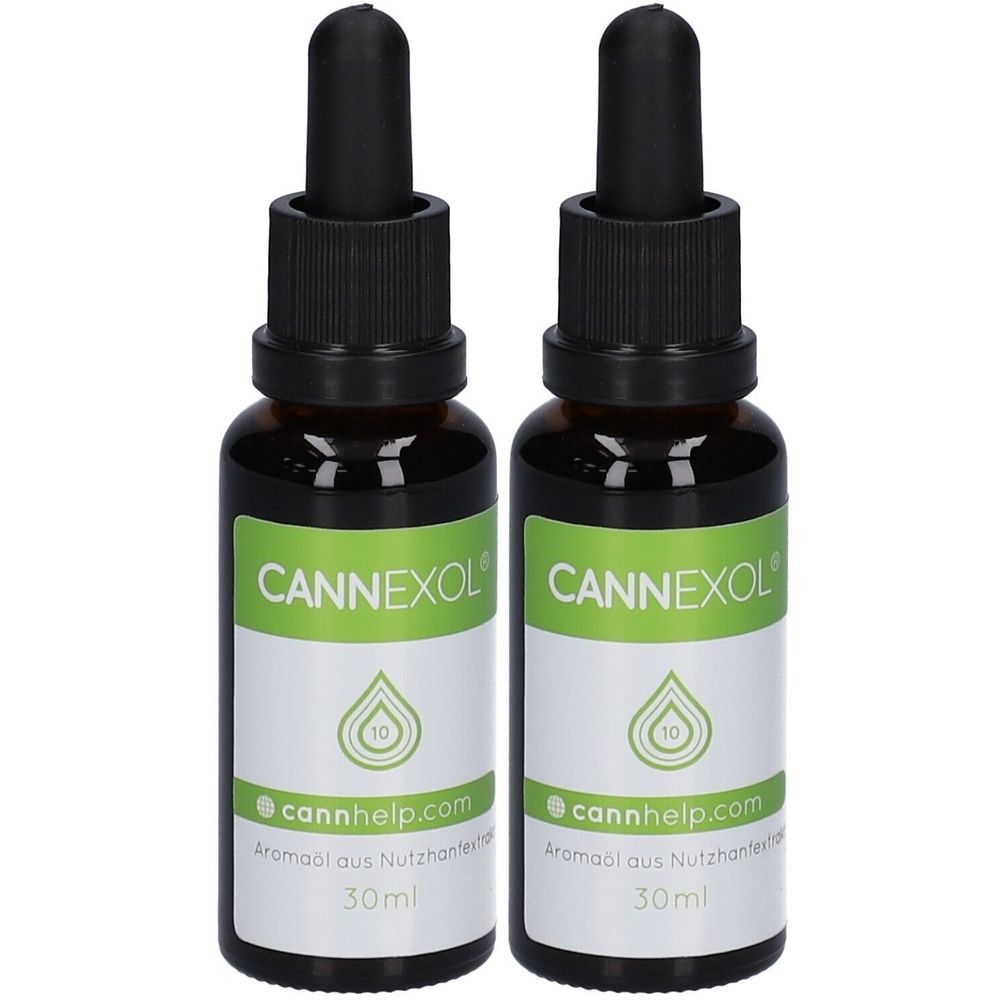 Zwei Flaschen mit schwarzem Deckel und Pipette. Aufkleber mit CANNEXOL, Tropfensymbol und Text. 30ml.