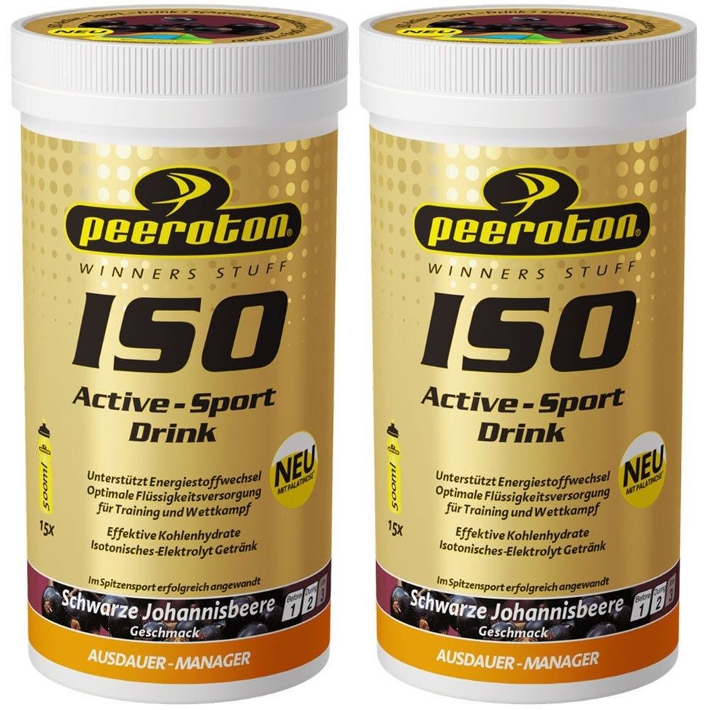 Zwei zylindrische Behälter mit weißem Deckel. Aufschrift: peeroton ISO Active-Sport Drink, Johannisbeere. Goldfarbener Hintergrund mit Produktinformationen.