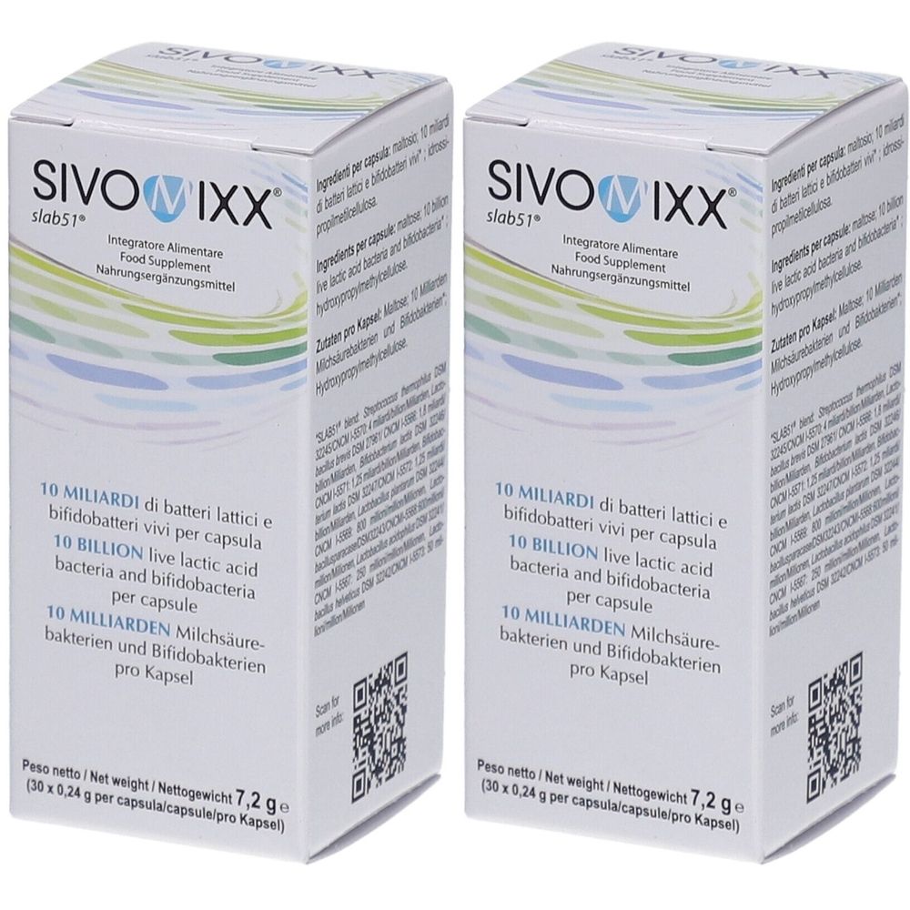 Zwei weiße Kartons mit "Sivomixx"-Logo. Text: 10 Milliarden Milchsäurebakterien pro Kapsel. Food Supplement. QR-Code und Gewichtsangabe.