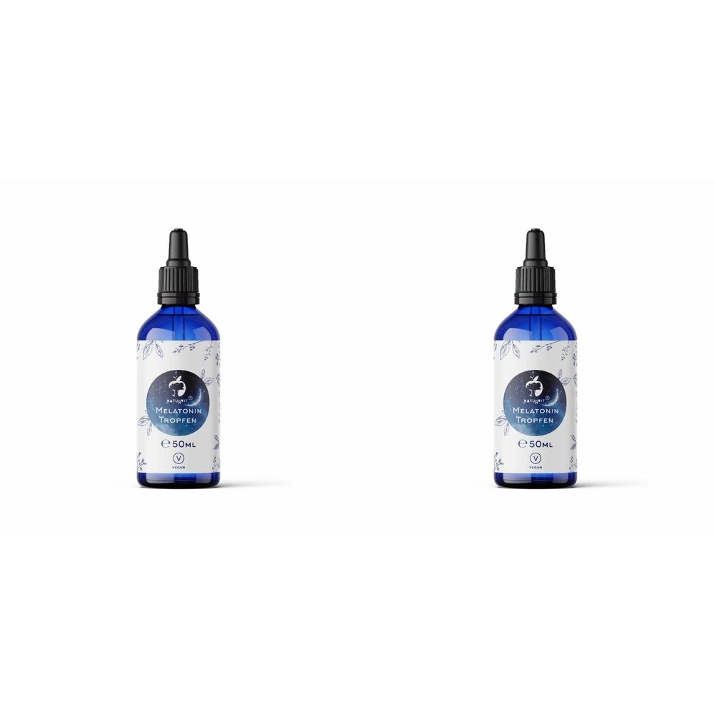 Blaue Flasche mit schwarzem Tropfer. Aufschrift: NATURVIT® MELATONIN TROPFEN. Etikett mit Mond- und Sternenmotiv.