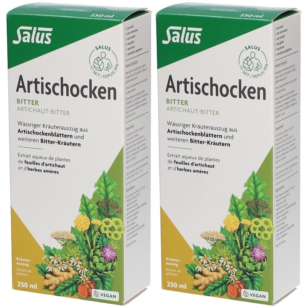 Zwei Kartons mit der Aufschrift "Artischocken Bitter" von Salus. Enthält Pflanzenextrakte. Vegan. 250 ml.