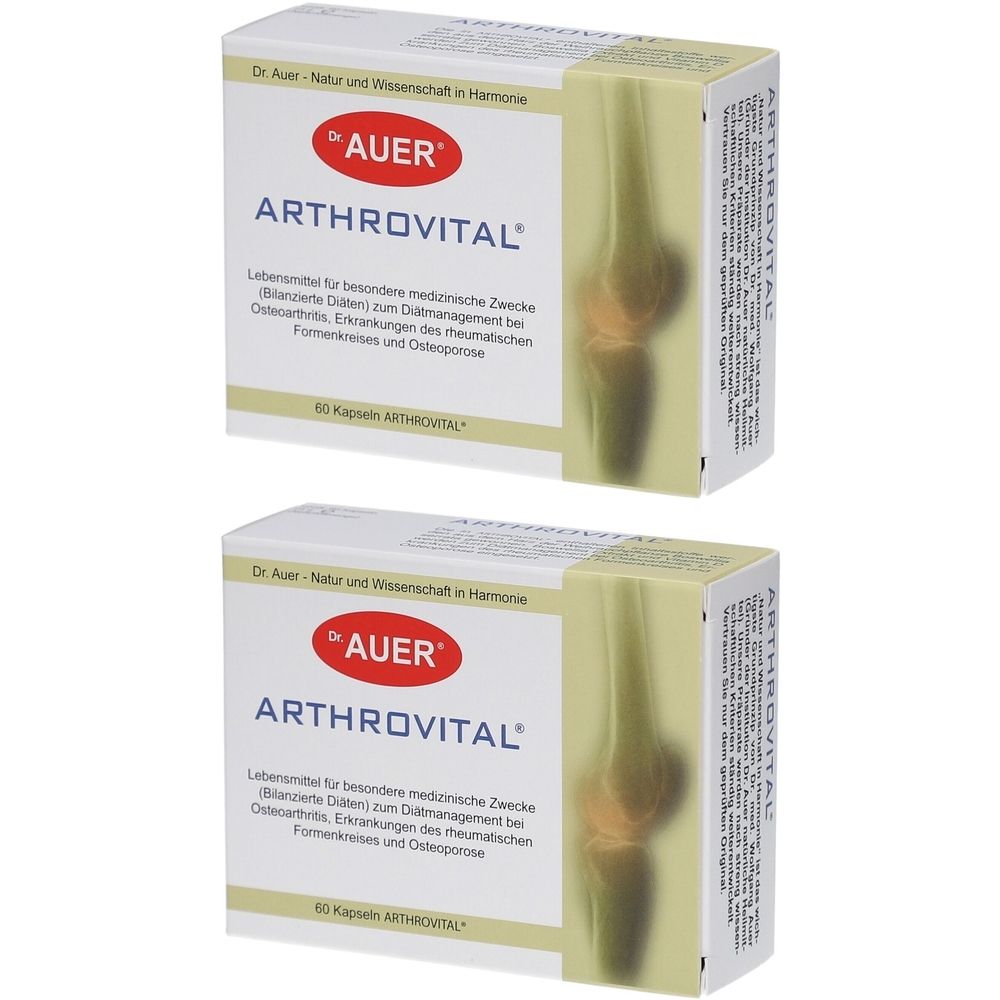 Zwei Schachteln ARTHROVITAL®. Weiße Verpackung mit rotem Logo und Produktnamen. Aufdruck mit Informationen und Abbildung eines Knies.