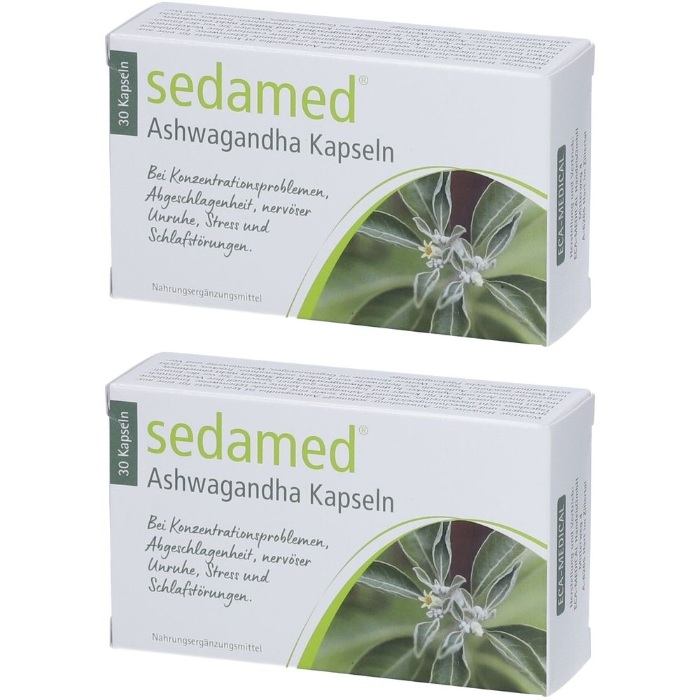 Zwei Schachteln mit "sedamed Ashwagandha Kapseln". Aufschrift: Bei Konzentrationsproblemen, Abgeschlagenheit, Unruhe, Stress und Schlafstörungen. 30 Kapseln.