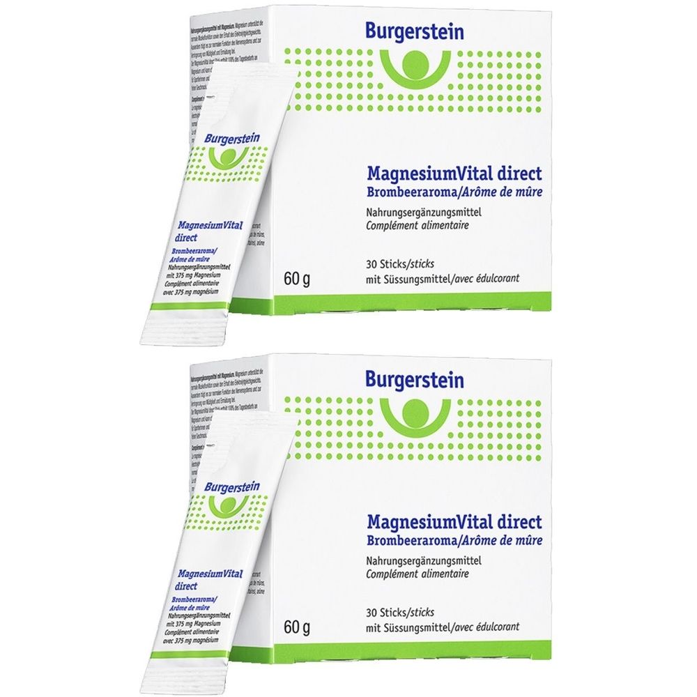 Zwei Packungen MagnesiumVital direct. Eine Packung mit 30 Sticks und eine einzelne Stick. Aufschrift: Burgerstein, Brombeeraroma.