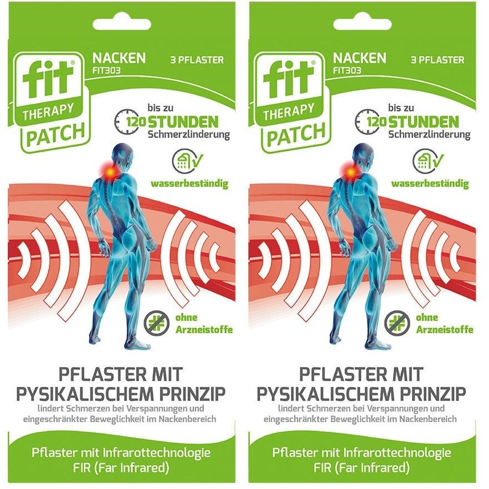 Zwei Packungen mit Aufdrucken. Aufschrift: fit Therapy Patch Nacken, 3 Pflaster. Abbildung eines Mannes mit Schmerzpunkten.