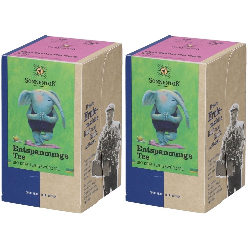 Zwei rechteckige Teeboxen. Auf der Vorderseite ein meditierender Elefant. Text: Entspannungs Tee, Sonnentor.