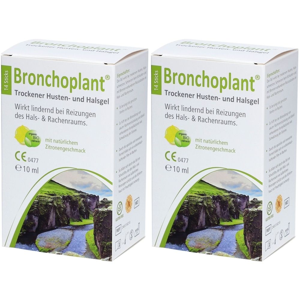 Zwei Kartons Bronchoplant Trockener Husten- und Halsgel. Weiße Verpackung mit grüner Schrift und Landschaftsbild.