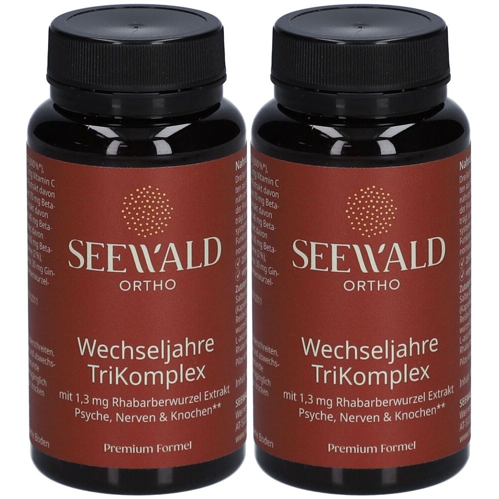 Zwei braune Flaschen mit schwarzen Deckeln. Auf den Etiketten steht "SEEWALD ORTHO Wechseljahre TriKomplex".