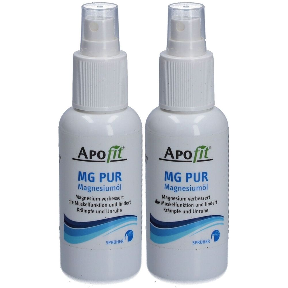 Zwei weiße Sprühflaschen mit dem Aufdruck "ApoFit MG PUR Magnesiumöl". Text: Magnesium verbessert Muskelfunktion und lindert Krämpfe.