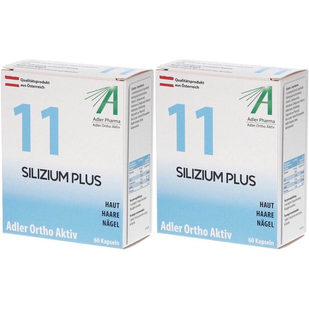 Zwei rechteckige Schachteln mit der Aufschrift "11 SILIZIUM PLUS". Text: Haut, Haare, Nägel. Marke: Adler Ortho Aktiv. 60 Kapseln.