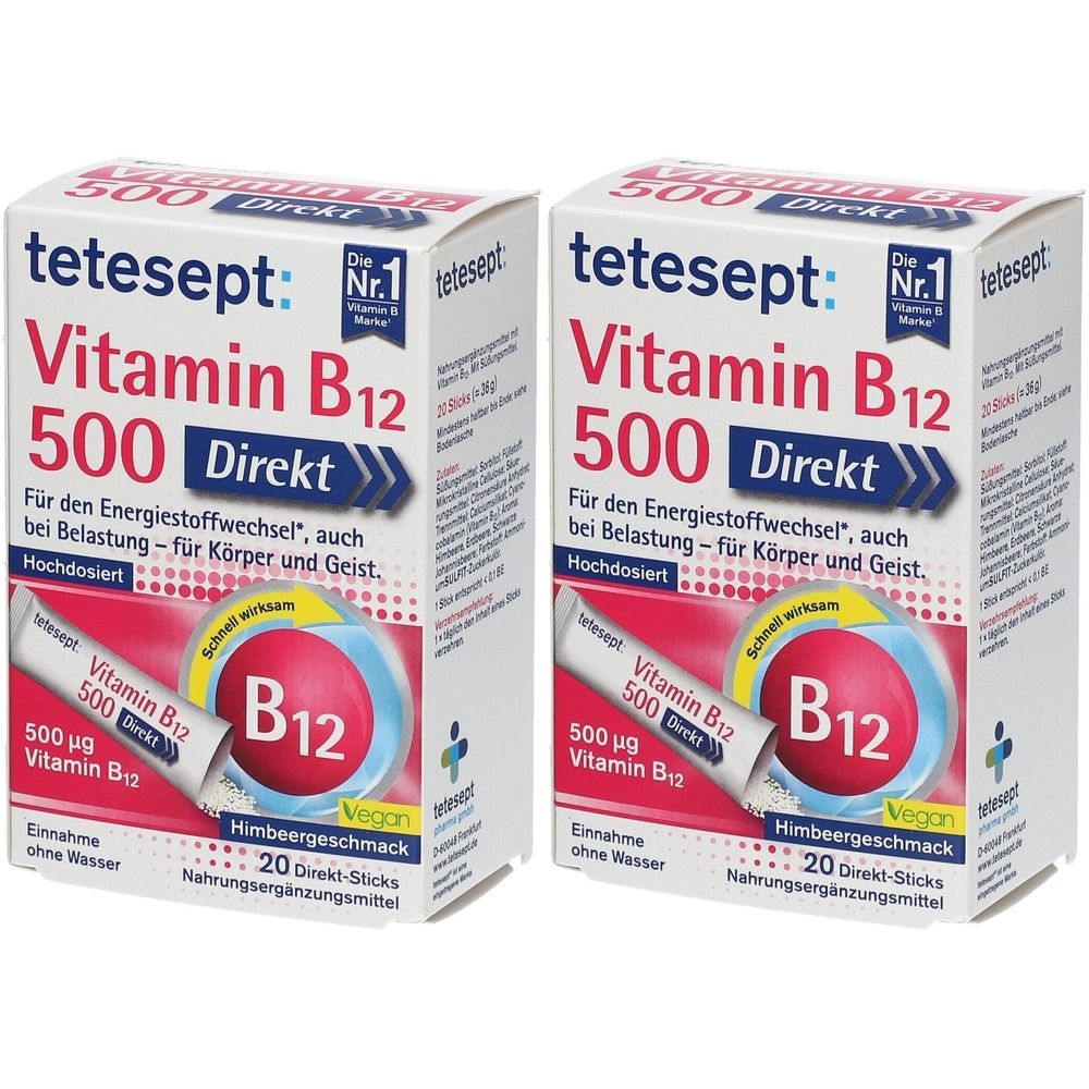 Zwei Kartons tetesept Vitamin B12 500 Direkt. Aufdruck: Vitamin B12 500 Direkt, Himbeergeschmack, 20 Direkt-Sticks.