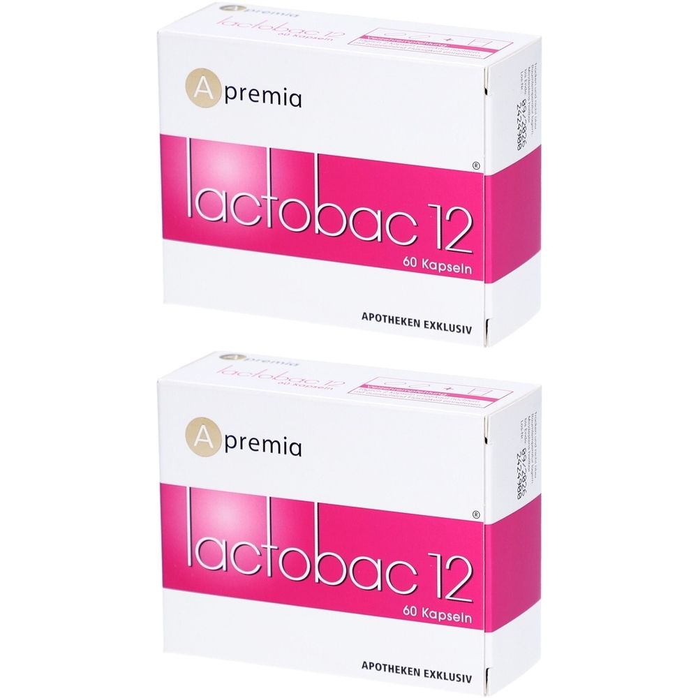 Zwei weiße Schachteln mit rosa Akzenten. Aufgedruckt sind die Schriftzüge "A premia", "lactobac 12" und "60 Kapseln". Der Zusatz "APOTHEKEN EXKLUSIV" ist ebenfalls zu sehen.