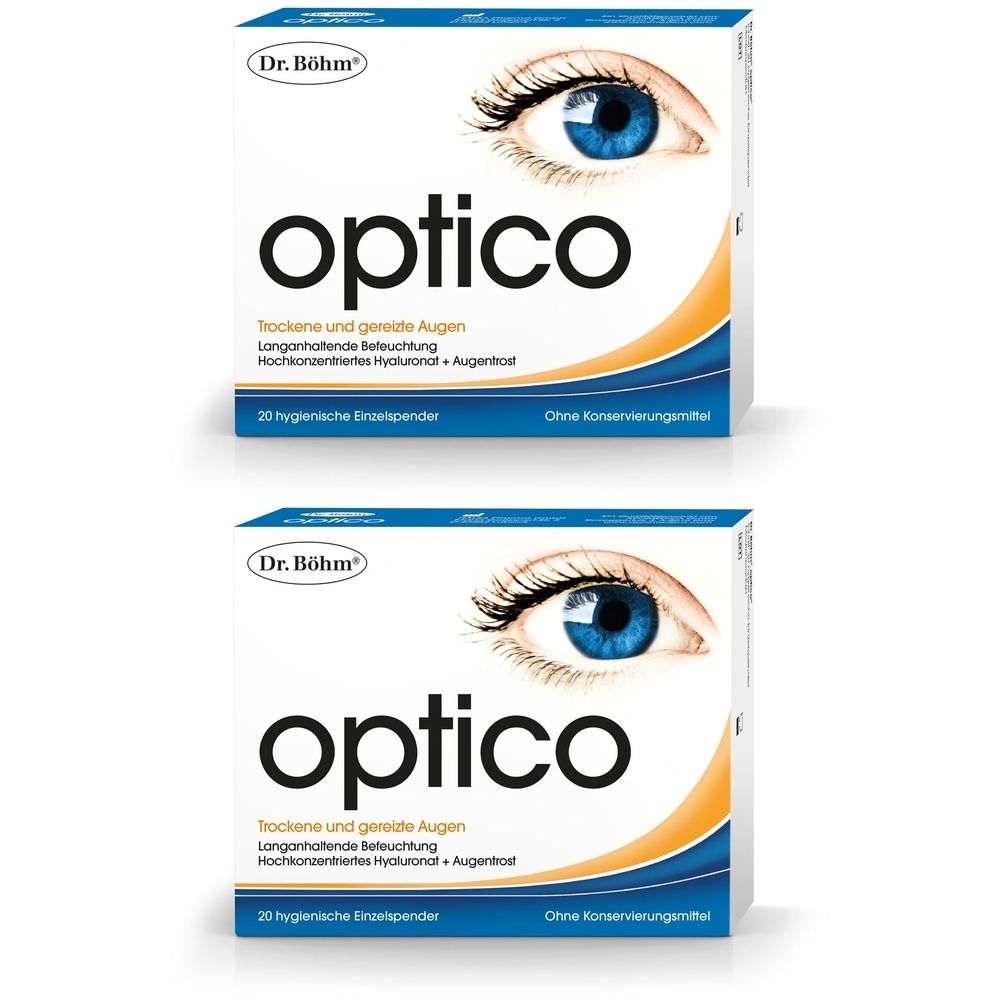 Zwei Schachteln Dr. Böhm optico Augentropfen. Aufdruck: optico, Augenabbildung, Text. Verpackung mit 20 hygienischen Einzelspendern.