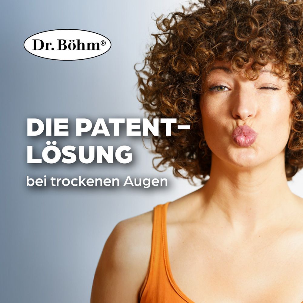 Frau mit lockigem Haar zwinkert und formt Kussmund, Text: Die Patent-Lösung bei trockenen Augen.