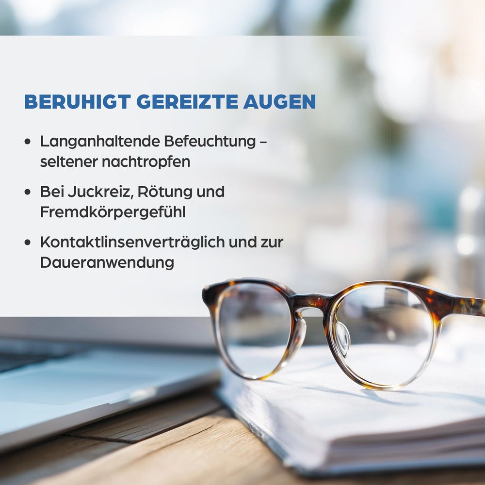 Brille auf einem Buch. Text: Beruhigt gereizte Augen. Lang anhaltende Befeuchtung. Bei Juckreiz, Rötung. Kontaktlinsenverträglich.