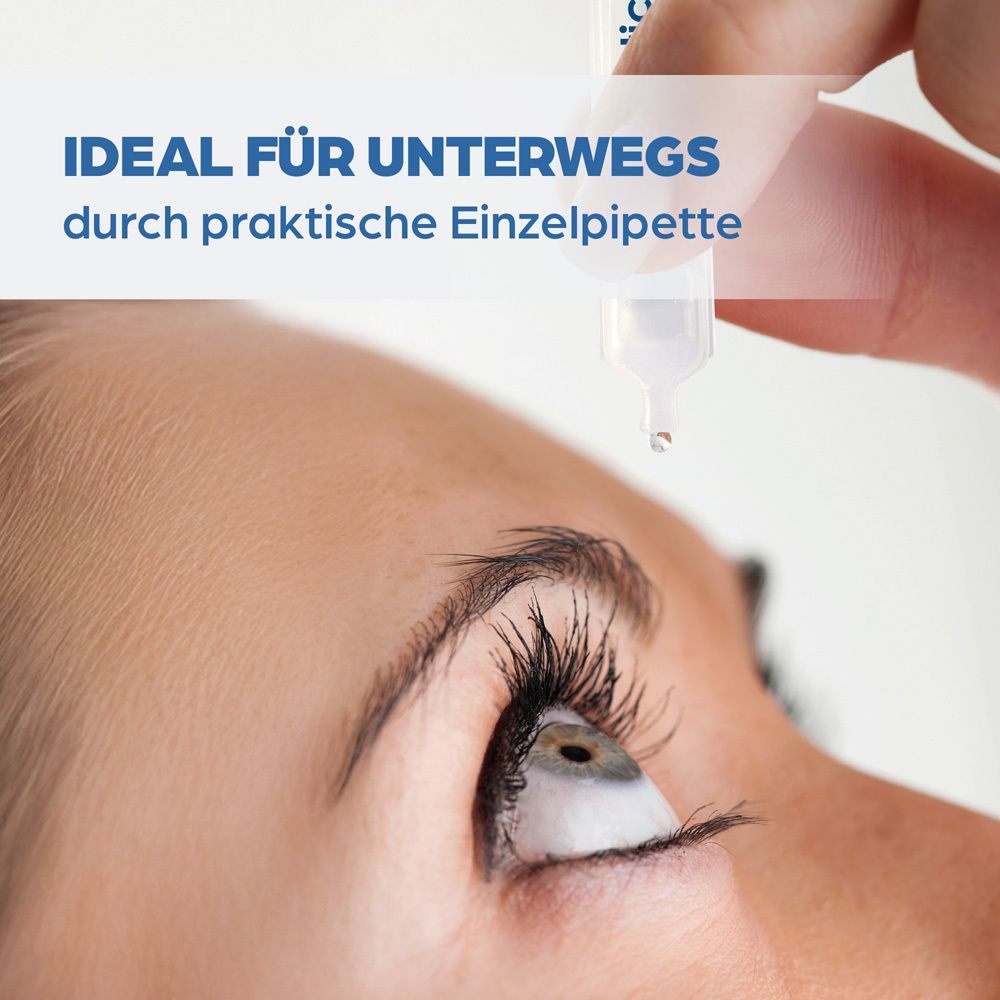 Hand hält Einzeldosis-Pipette mit Tropfen über dem Auge, Text: Ideal für unterwegs.