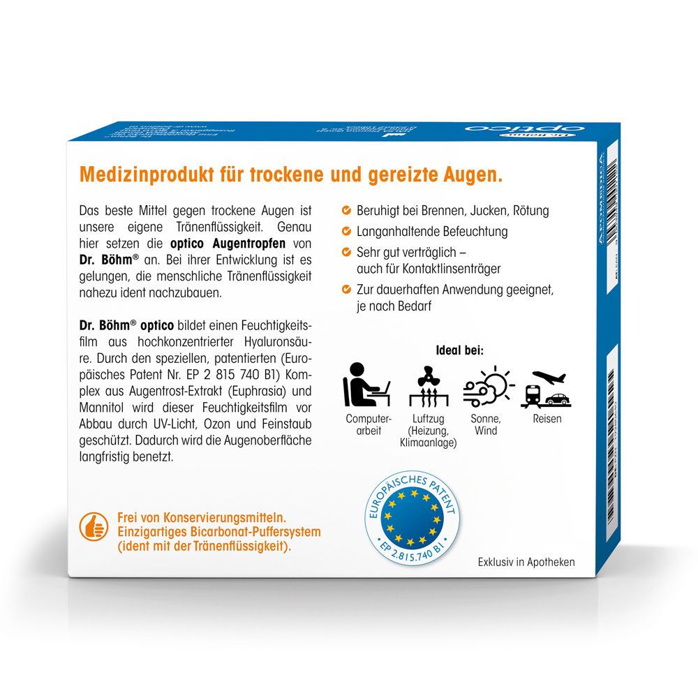 Rückseite der "optico"-Augentropfen-Verpackung. Text: Medizinprodukt für trockene und gereizte Augen. Europäisches Patent. Ideal bei Computerarbeit, etc.