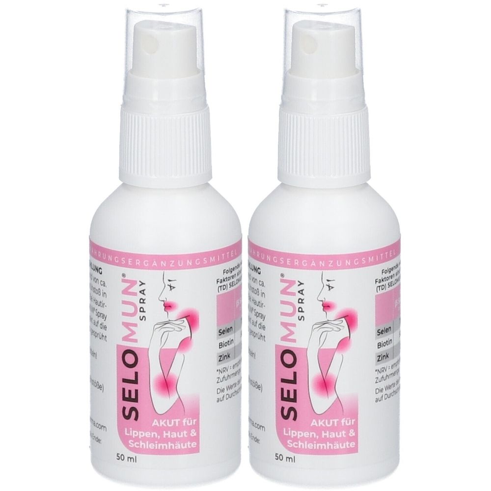 Zwei weiße Sprühflaschen mit transparentem Deckel. Aufschrift: SELO MUN Spray, AKUT für Lippen, Haut & Schleimhäute. 50 ml.