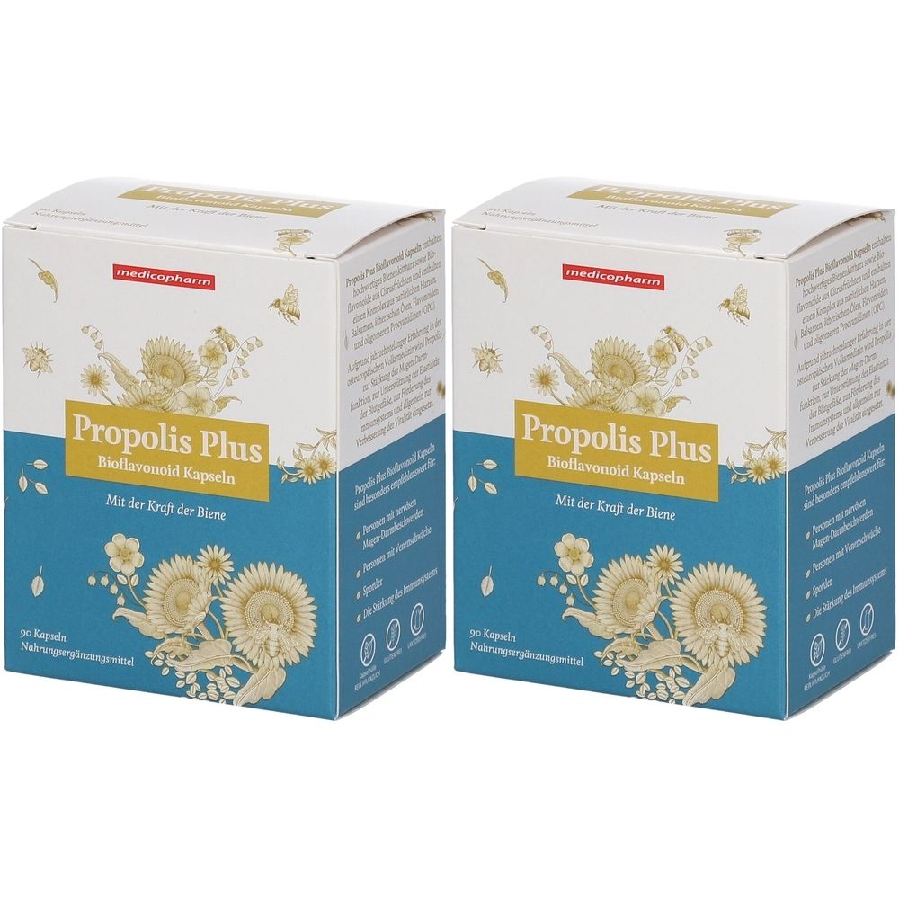 Zwei Kartons ÖKOPAN® Propolis Plus. Weiße Schachteln mit blauem Feld und Produktnamen. Aufdrucke: medicopharm, 30 Kapseln.