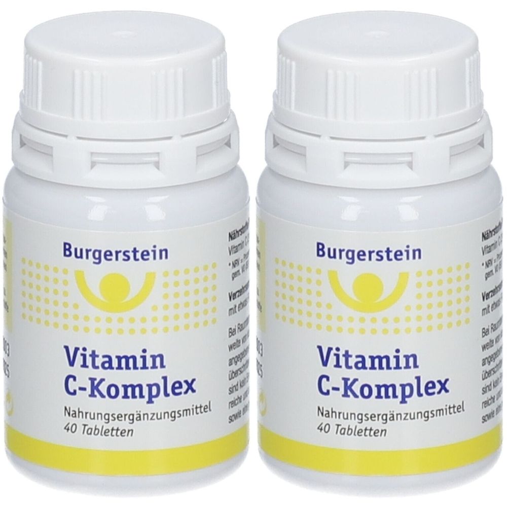 Zwei weiße Flaschen mit Schraubverschluss. Aufschrift: Burgerstein Vitamin C-Komplex, Nahrungsergänzungsmittel, 40 Tabletten. Gelbes Logo.