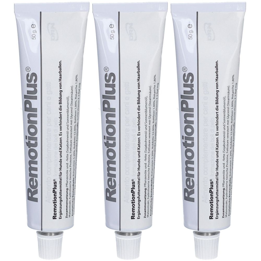 Drei Tuben mit weißem Hintergrund. Auf jeder Tube steht "RemotionPlus" und weitere Informationen. Die Tuben haben einen weißen Schraubverschluss.