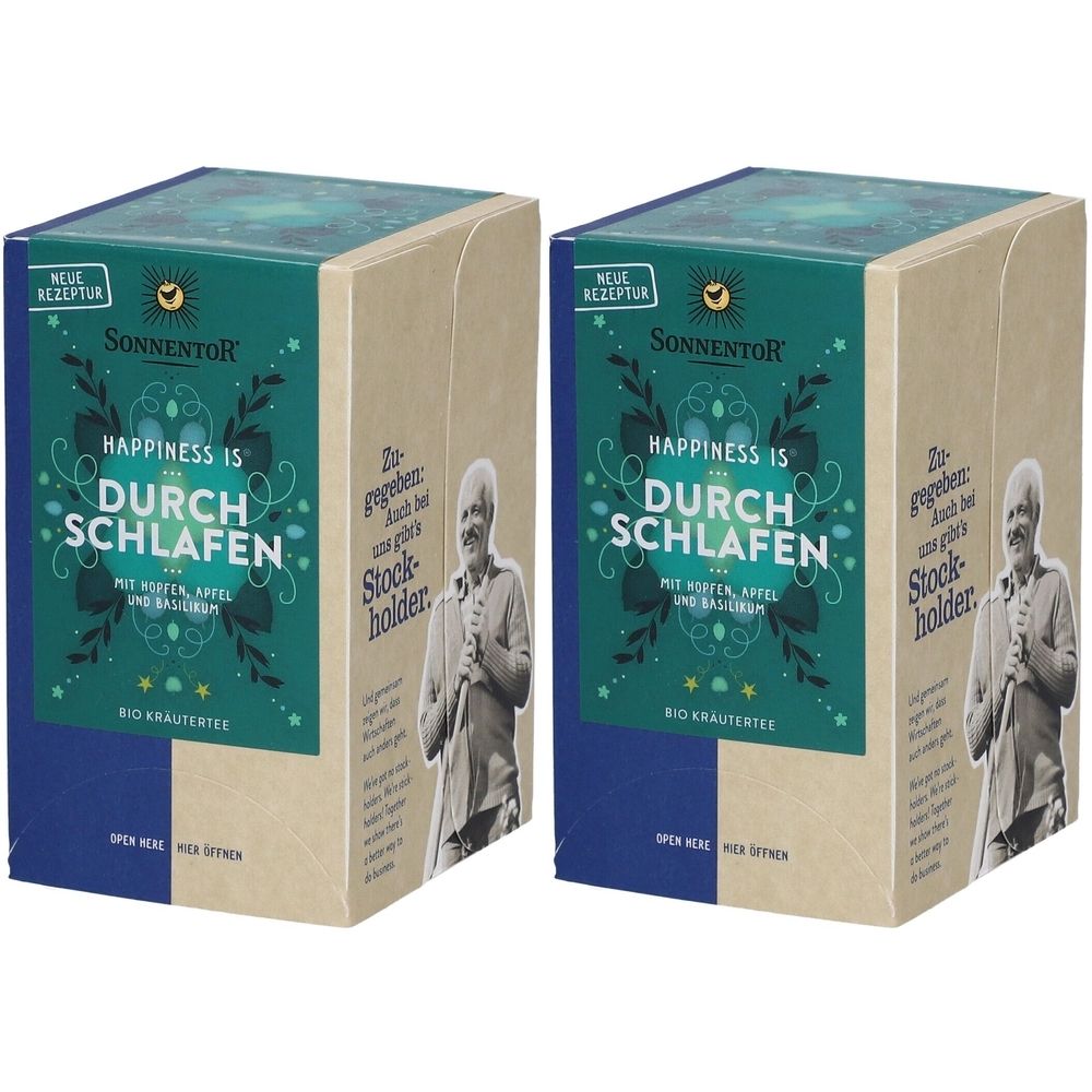 Zwei rechteckige Kartons mit dem Aufdruck "HAPPINESS IS DURCH SCHLAFEN" und dem Logo von SonnentoR. Aufschrift: Bio-Kräutertee.