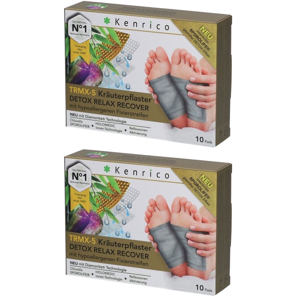 Zwei Kartons mit Kräuterpflastern. Aufschrift: Kenrico TRMX-5 DETOX RELAX RECOVER. Zeigt Füße mit Pflastern. 10 Stück pro Packung.