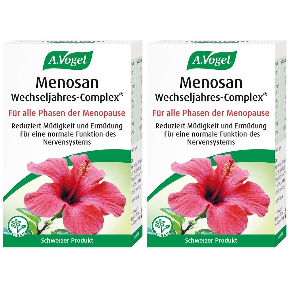 Zwei Schachteln A. Vogel Menosan Wechseljahres-Complex. Aufdruck: Für alle Phasen der Menopause. Rote Hibiskusblüte. Schweizer Produkt.