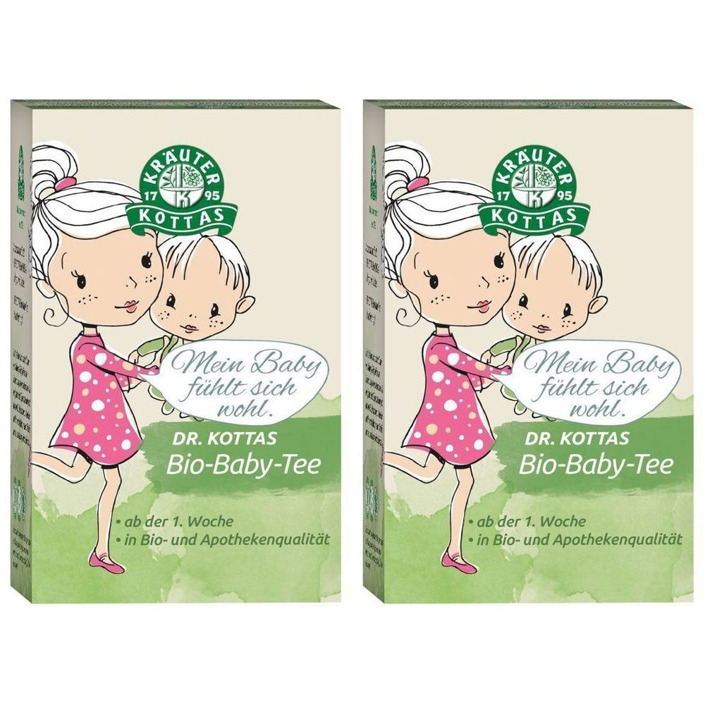 Zwei Kartons DR. KOTTAS Bio-Baby-Tee. Aufdruck: Illustration eines Mädchens und Babys. Text: Mein Baby fühlt sich wohl. Ab der 1. Woche.
