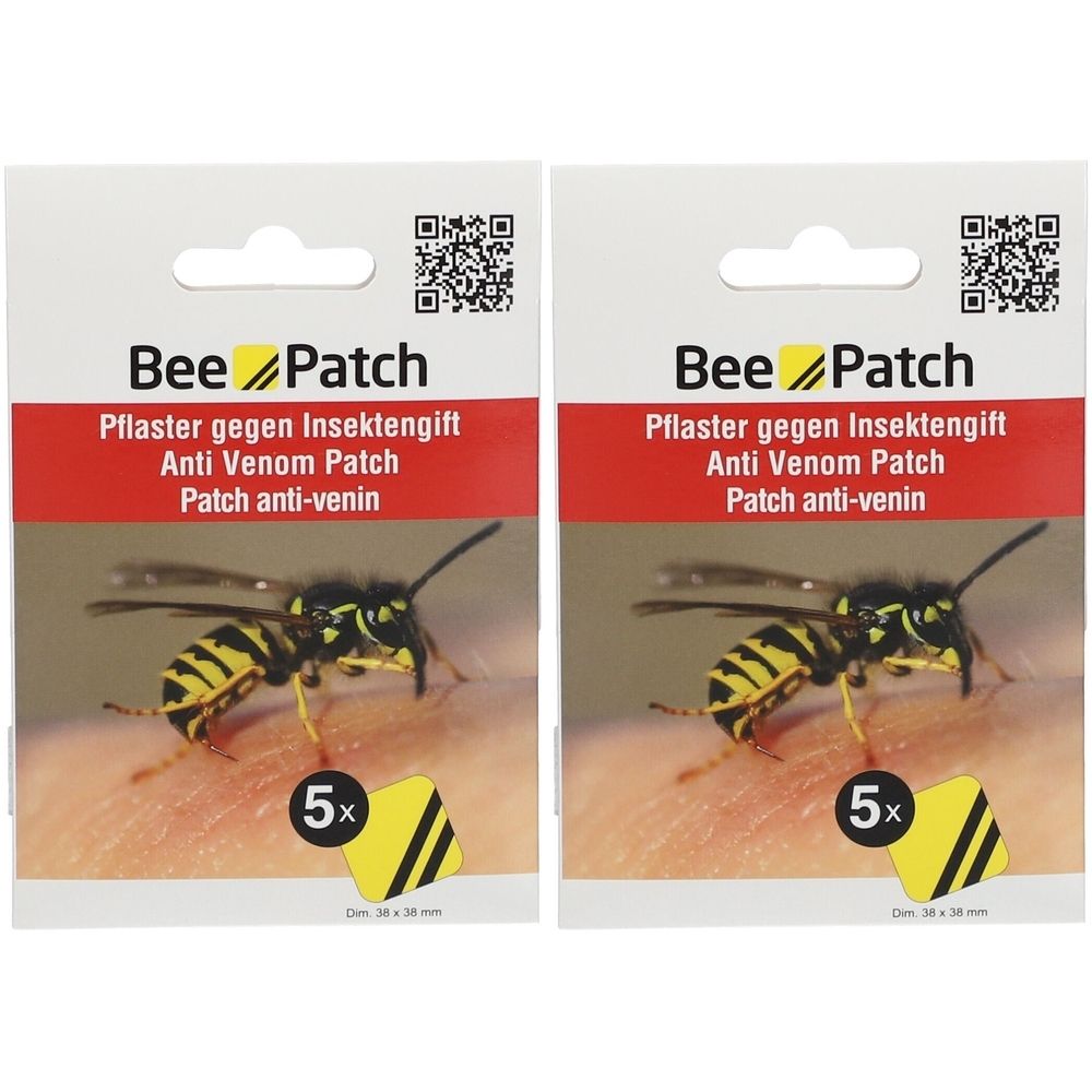Zwei Packungen Bee Patch. Aufschrift: Pflaster gegen Insektengift, Anti Venom Patch, Patch anti-venin. Abgebildet ist eine Wespe auf Haut.