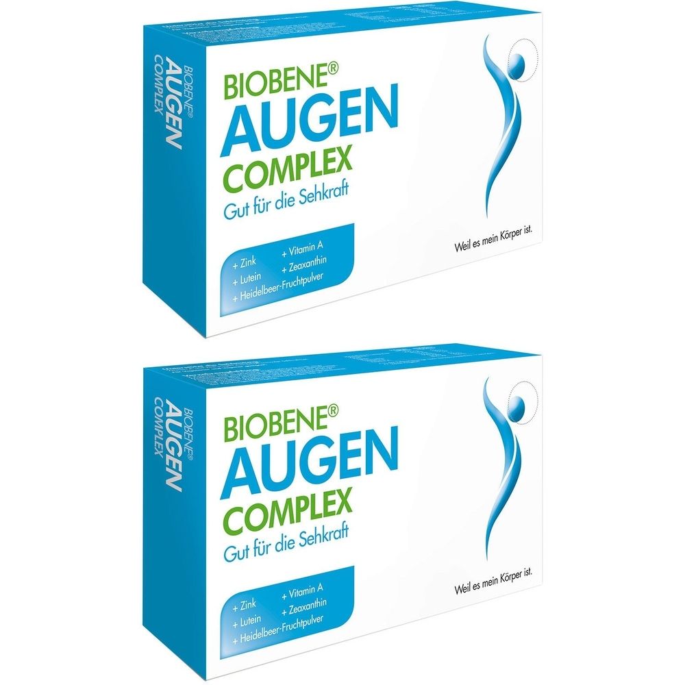 Zwei Packungen BIOBENE® AUGEN COMPLEX. Weiße Schachteln mit blauem Logo und Text. Enthält Zink, Lutein, Vitamin A, Zeaxanthin.