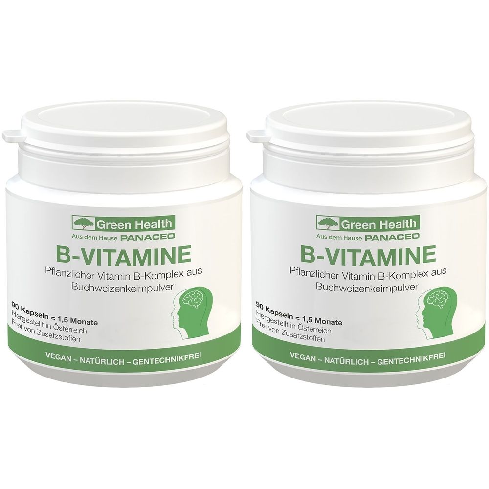 Zwei weiße Dosen mit Deckel. Aufschrift: Green Health PANACEO B-VITAMINE. Pflanzlicher Vitamin B-Komplex. Vegan, natürlich, gentechnikfrei.