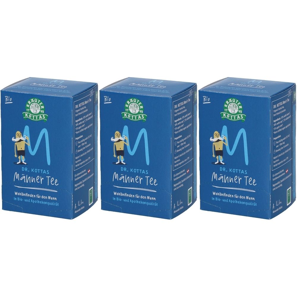 Drei blaue Kartons mit "DR. KOTTAS Männer Tee" Aufdruck. Logo mit Mann und großem "M". Bio-Siegel.