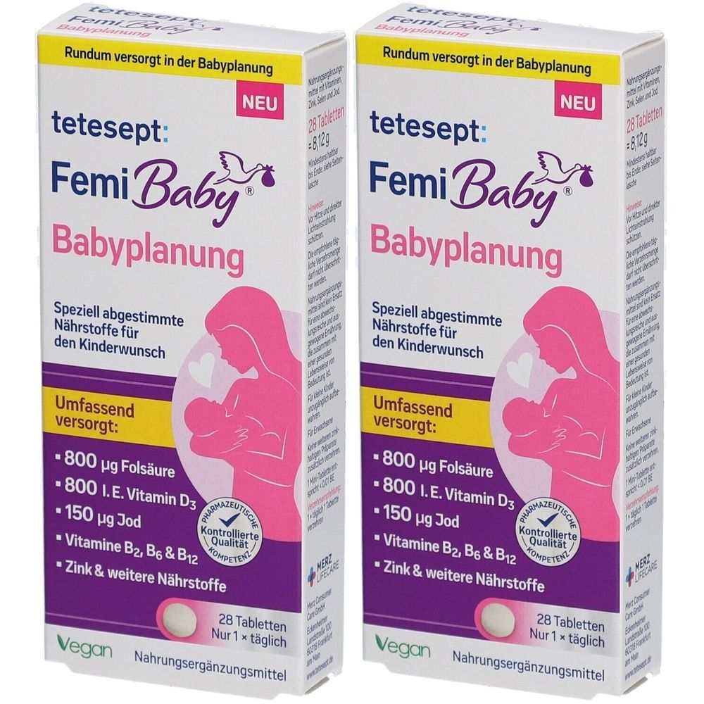 Zwei Packungen Tetesept Femi Baby Babyplanung. Weiße Schachteln mit rosa Schrift und Illustrationen. Enthält 28 Tabletten.