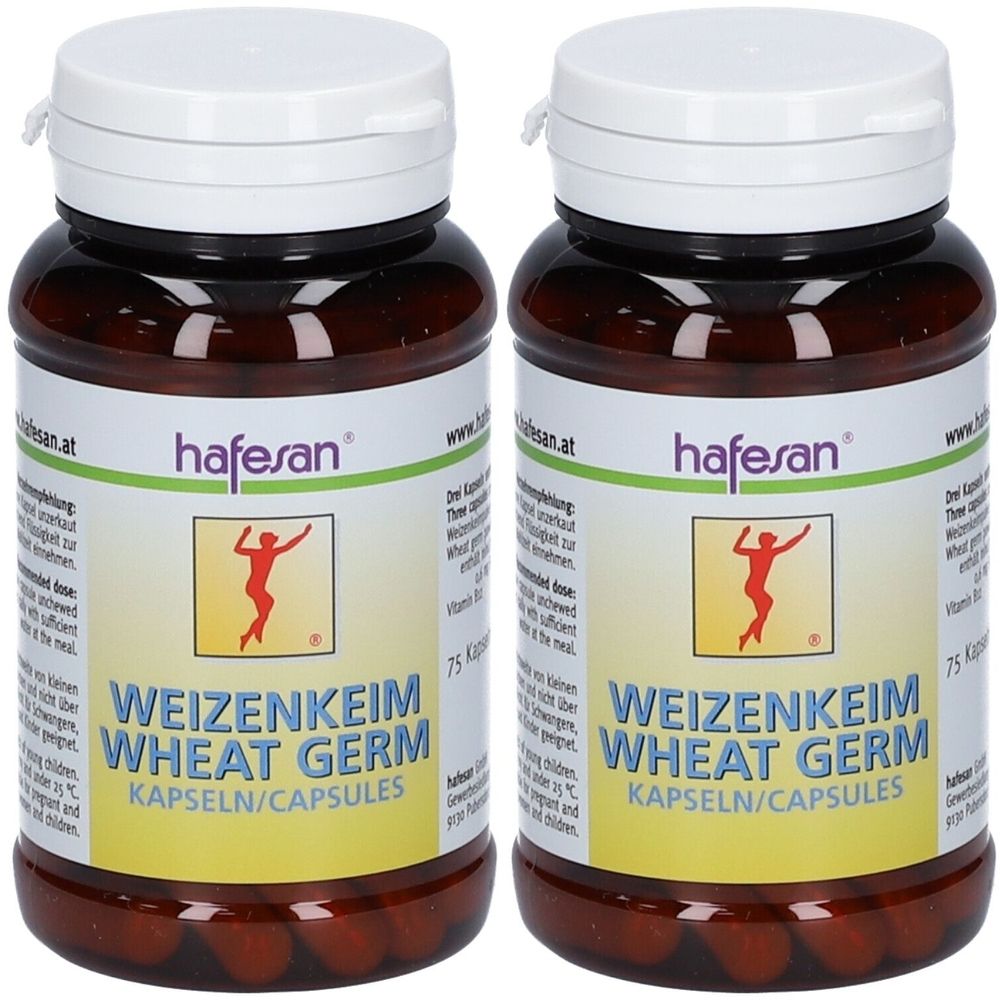 Zwei braune Flaschen mit weißen Deckeln. Aufschrift: hafesan, Weizenkeim Wheat Germ Kapseln/Capsules. Logo: rote Figur. 75 Kapseln.