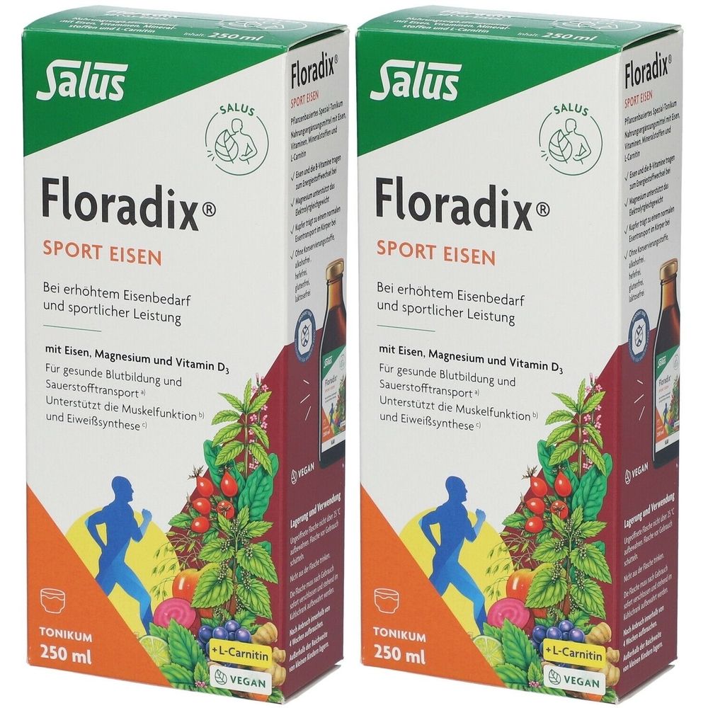 Zwei Kartons Salus Floradix Sport Eisen. Grün-weißes Design mit Produktnamen und Inhaltsangaben. Vegan, 250 ml.